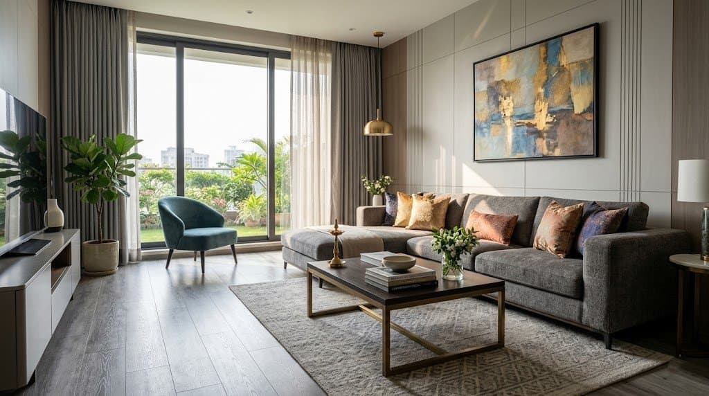 Luxurious grey wood grain SPC flooring in a modern living room in Delhi NCR by Goals Floors