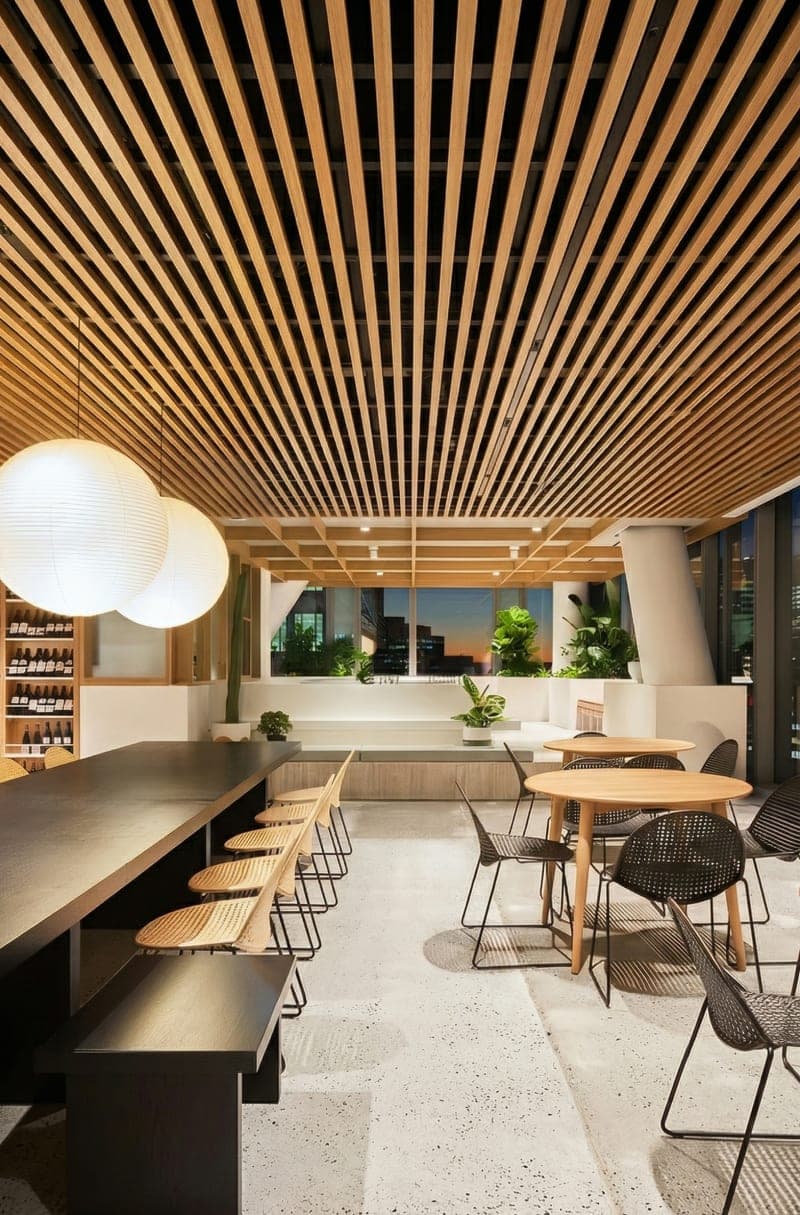 Designer wooden baffle ceiling and linear lighting in Delhi NCR homes - Goals Floors Excellence