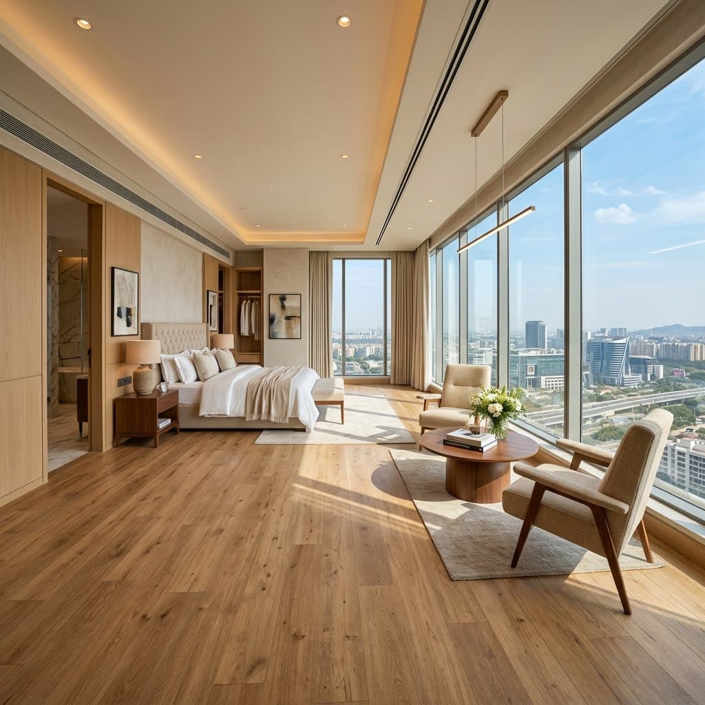 Elegant Master Suite in Gurgaon Penthouse with Natural Oak SPC Floors