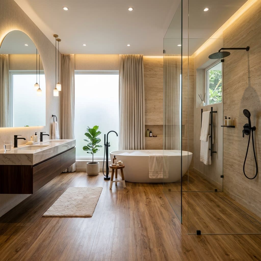 Luxury Master Bathroom in Delhi Villa with Waterproof Cobra Gold SPC Flooring