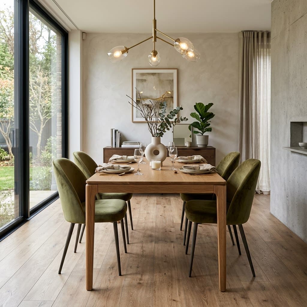 Modern Dining Area with Natural Finish Hybrid Planks