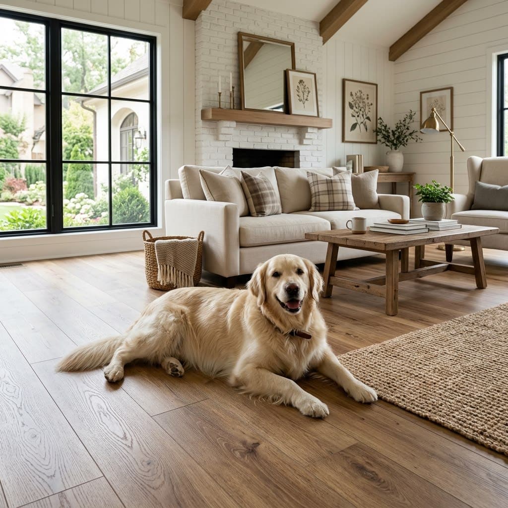 Pet-Friendly Hybrid Flooring in Modern Noida Villa Living Room