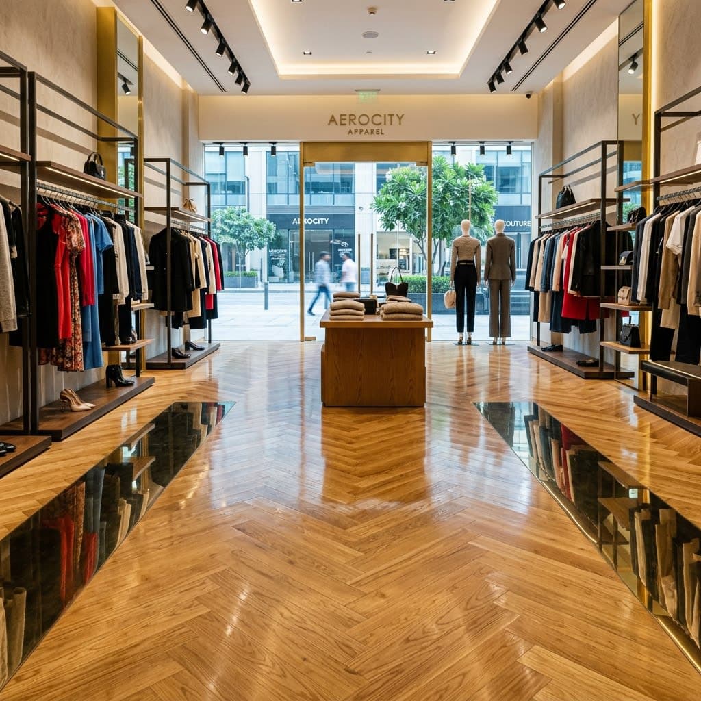 Premium Retail Boutique with Polished Herringbone Flooring Aerocity