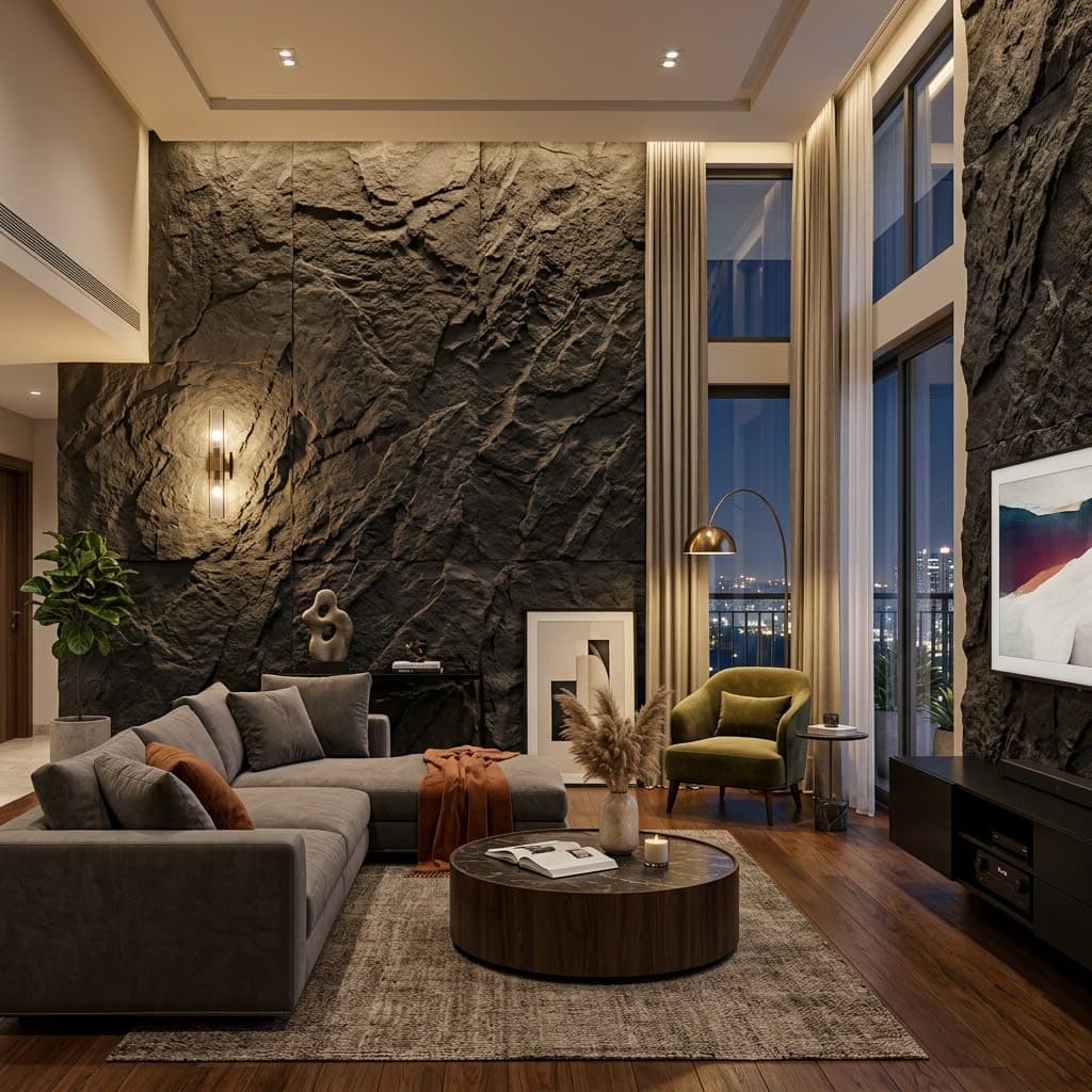 Luxury Living Room with Grey PU Stone Feature Wall Gurugram
