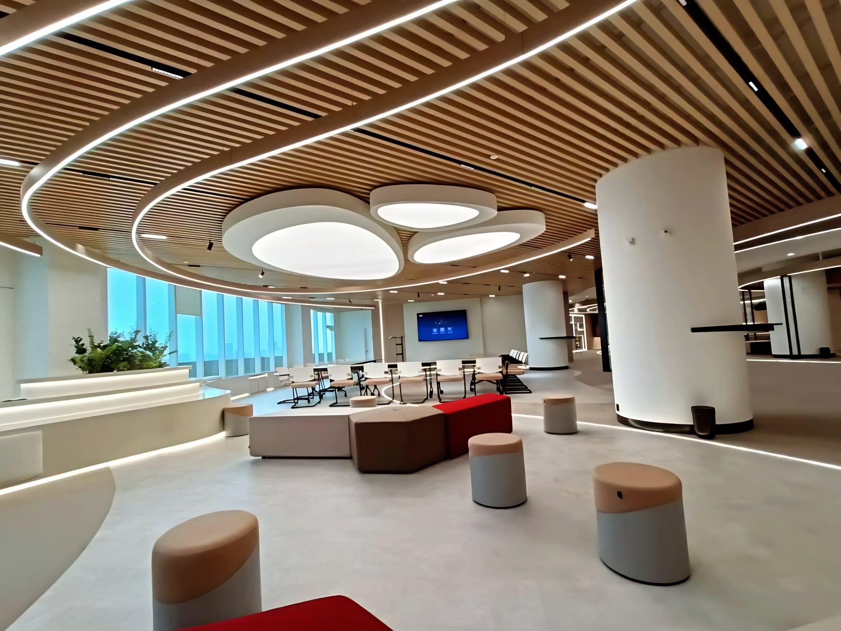 Modern WPC Baffle Ceiling Installation in Luxury Office