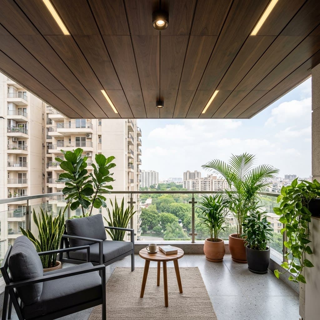 Seamless Balcony Ceiling Installation with Walnut Upfit Panels Delhi