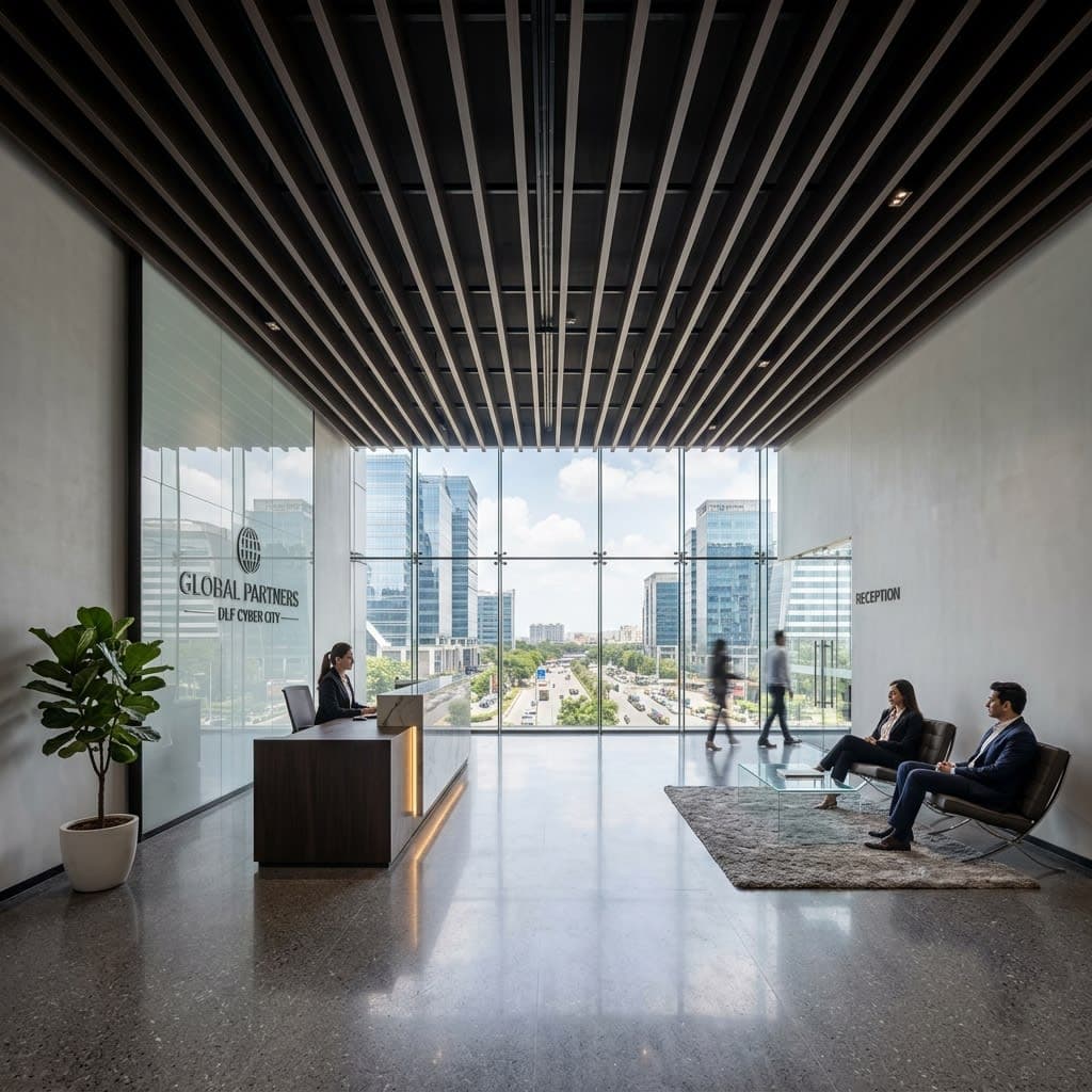 Modern Corporate Office Reception in Cyber City with Wenge WPC Baffle Ceiling