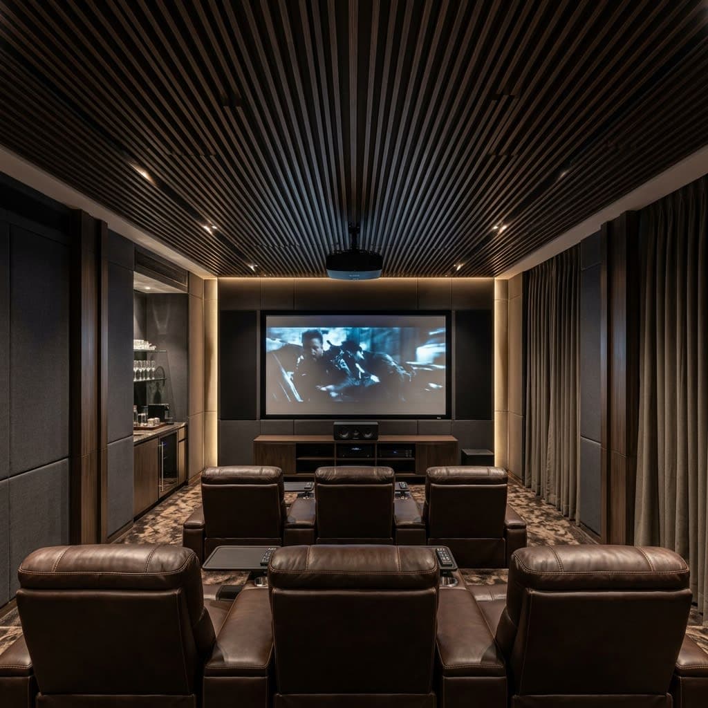 High-End Home Theater Ceiling in Delhi with Roasted Ash Baffles