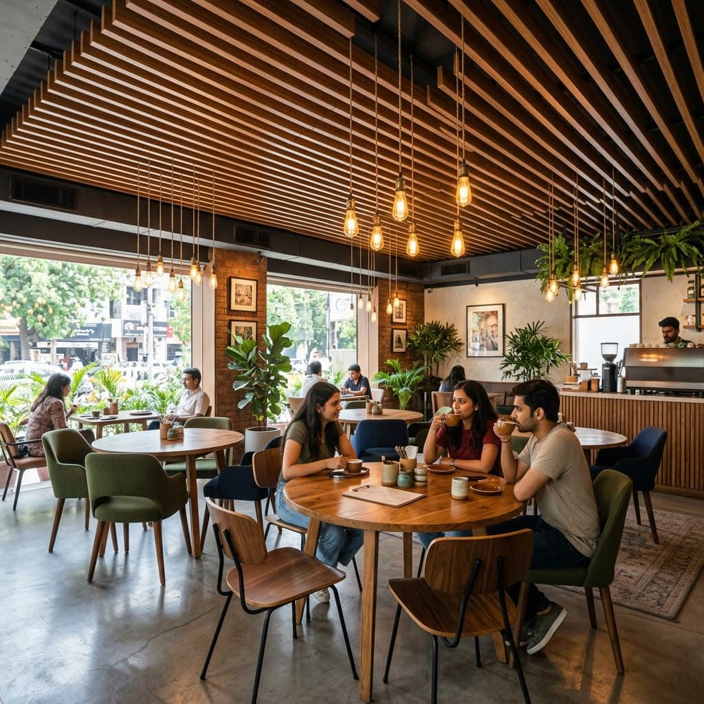 Warm teak WPC Baffle Ceiling installed in designer cafe interior in Gurgaon