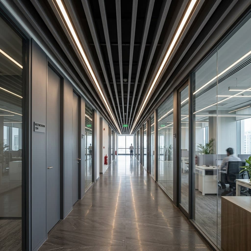 Linear Architectural Corridor in Noida featuring Grey Ash Baffle System