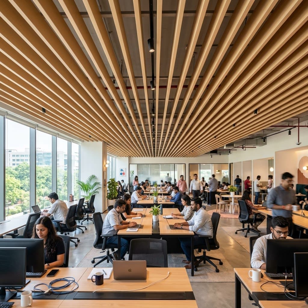 Creative Co-working Space in Gurgaon with Rhythmic Maple Baffle Ceiling