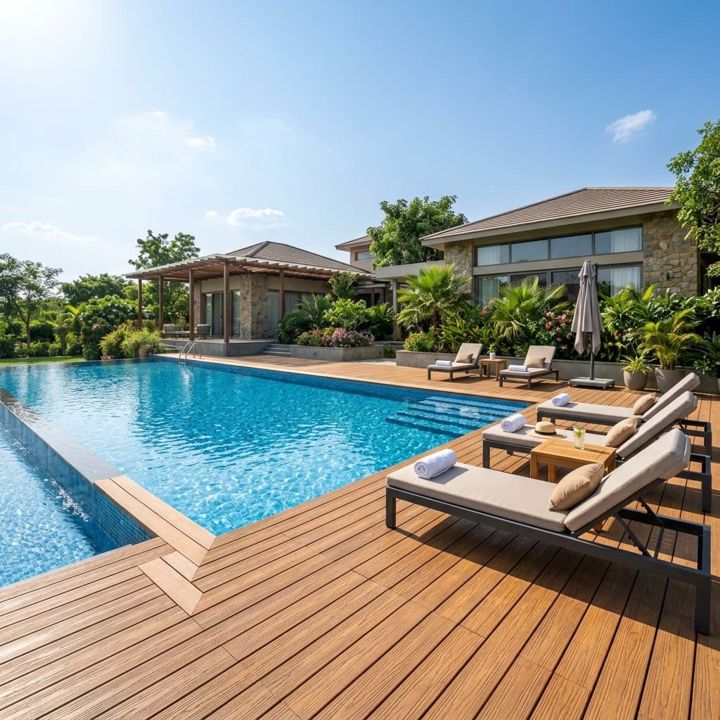 Luxury Swimming Pool Area in Gurgaon Farmhouse with Teak-Finish WPC Decking