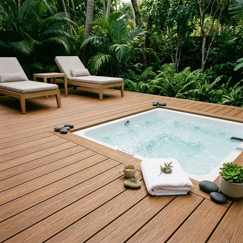 Outdoor Spa and Jacuzzi Area featuring Warm Teak WPC Decking
