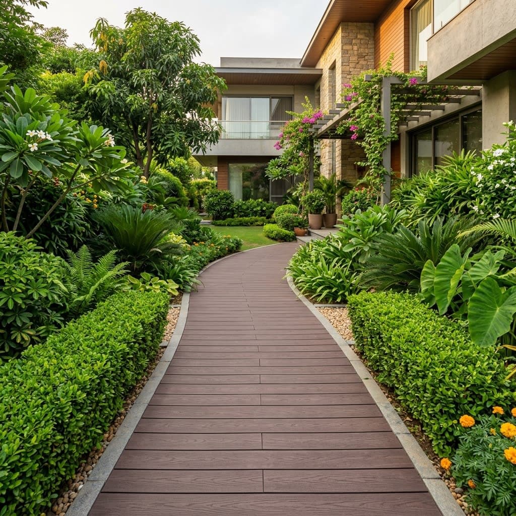 Modern Garden Pathway in Delhi Residence with Deep Brown WPC Planks