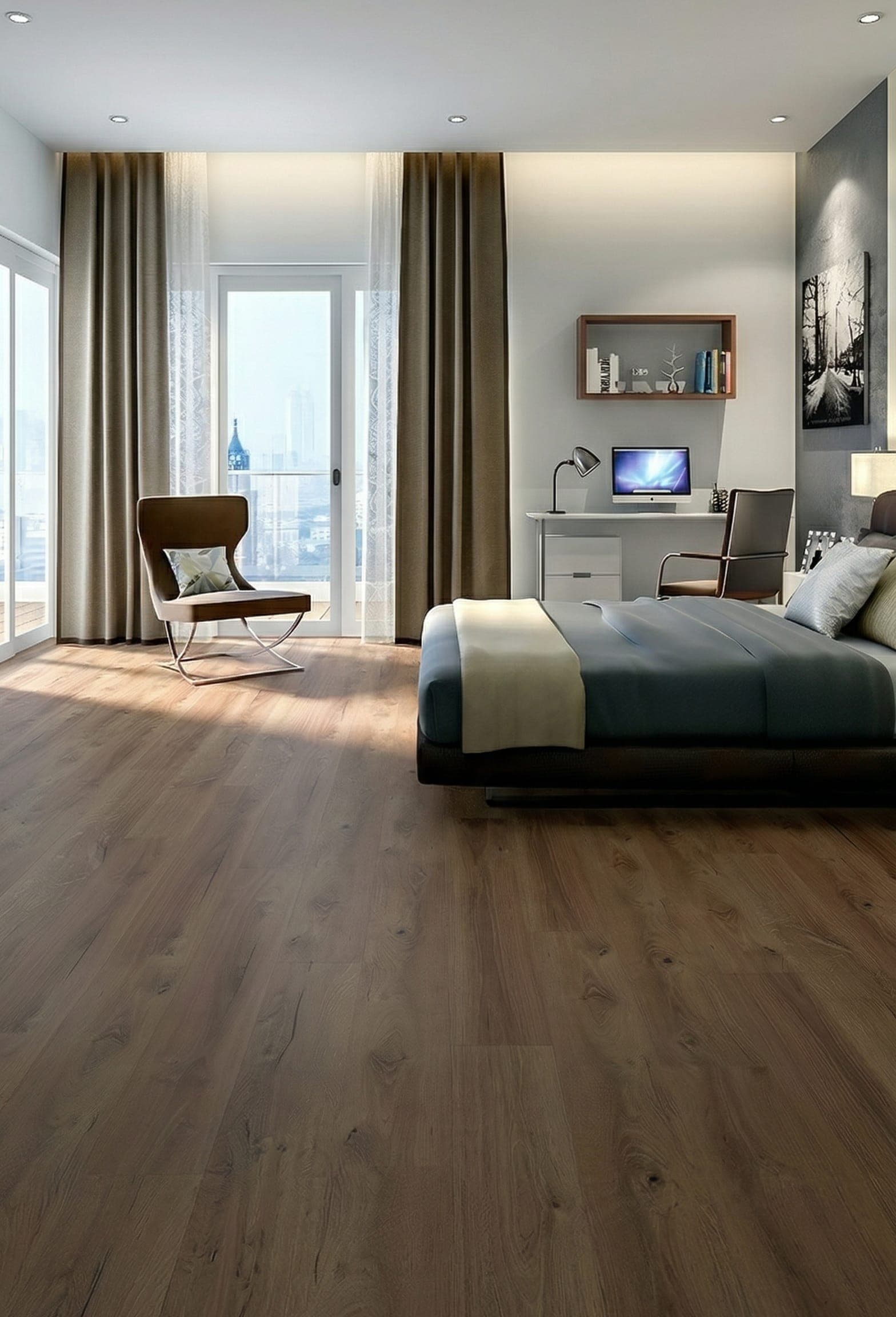 Luxury modern interior wooden flooring and charcoal fluted panels in Delhi NCR