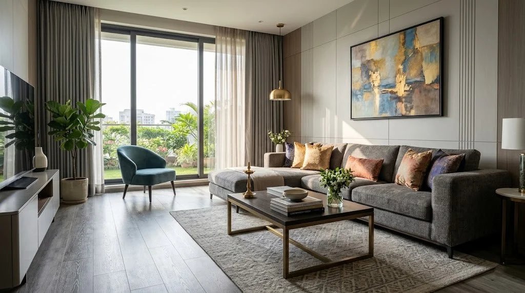 Luxurious grey wood grain SPC flooring in a modern living room in Delhi NCR by Goals Floors