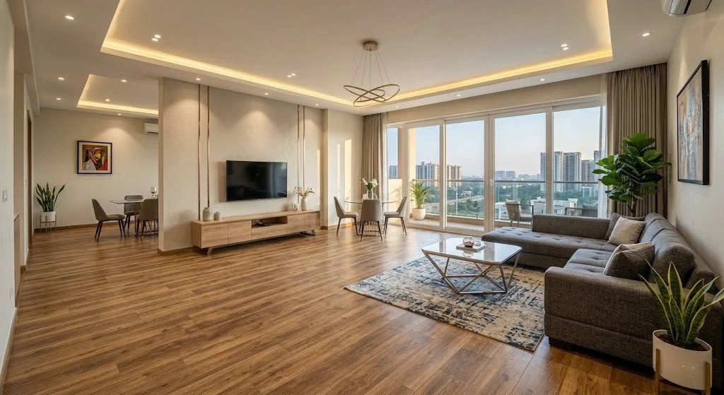 premium-oak-wood-spc-flooring-installed-in-gurugram-living-room