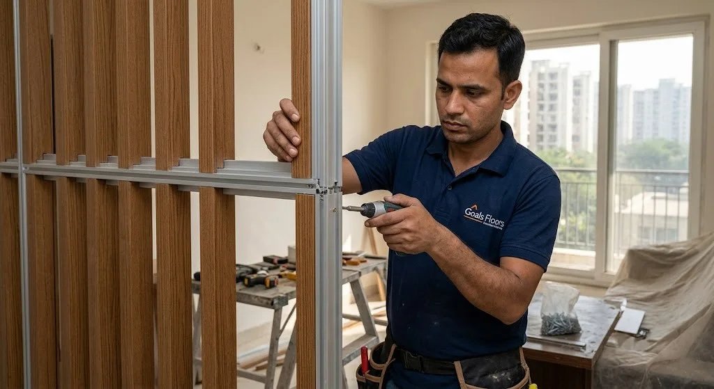 goals-floors-expert-carpenter-installing-wpc-timber-tube-partition